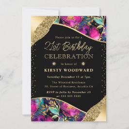 Invitación Flores de acuarela rosa y azul marino Cumpleaños 2