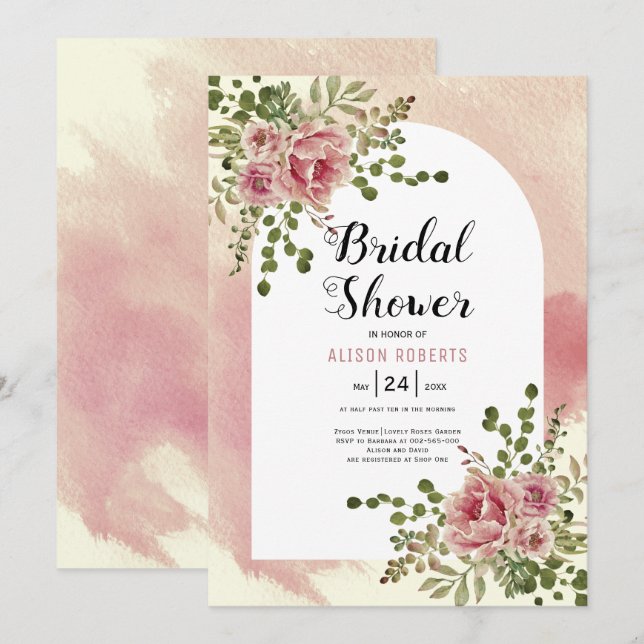 Invitación Flores de acuarela rosa y turbia ducha de novia fl (Anverso / Reverso)