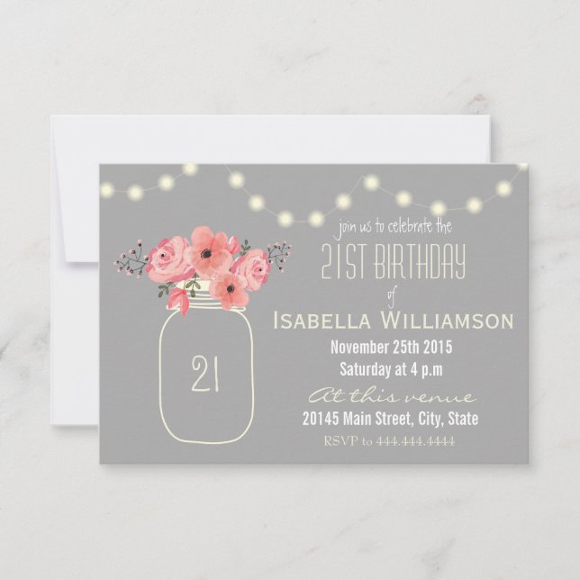 Invitación Flores de acuarela rosada de cumpleaños 21 y Mason (Anverso)