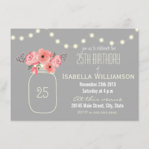 Invitación Flores de acuarela rosada de cumpleaños 25 y Mason