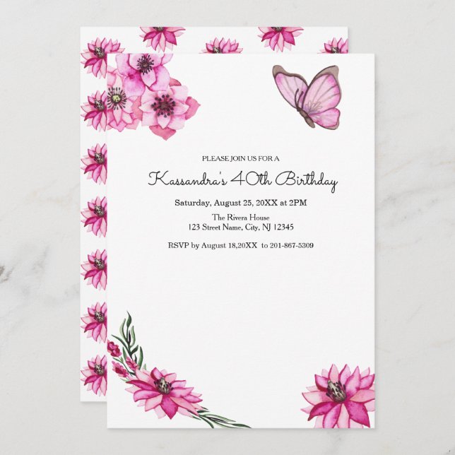 Invitación Flores de Acuarela Rosadas & Cumpleaños de Maripos (Anverso / Reverso)