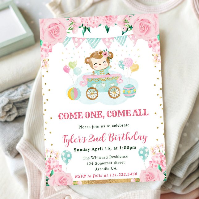 Invitación Flores de Acuarela Rosadas Cumpleaños de Mono Niño (Subido por el creador)