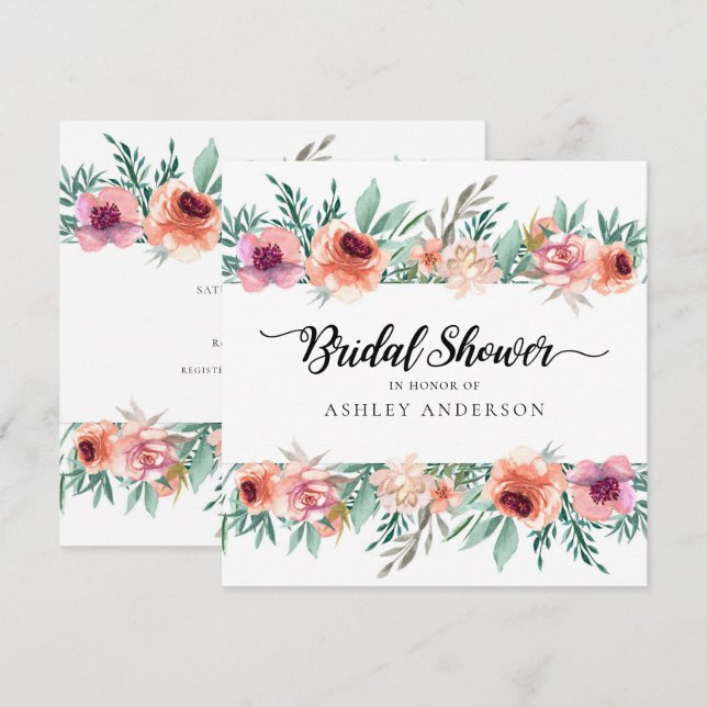 Invitación Flores de acuarela rosadas de melocotón Despedida  (Anverso / Reverso)