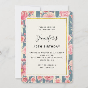 Invitación Flores de acuarela rosadas en rayas de cumpleaños