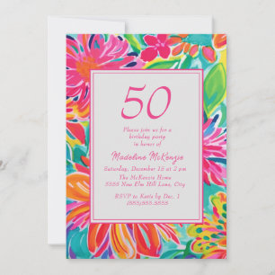 Invitación Flores de Acuarela Rosadas Naranjas Cumpleaños 50