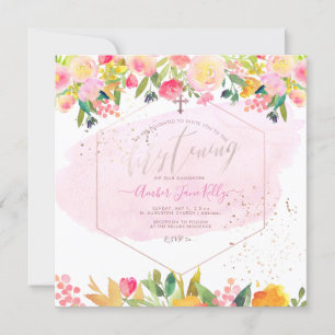 Invitación Flores de Acuarela Rosadas para Bautizo de PixDezi