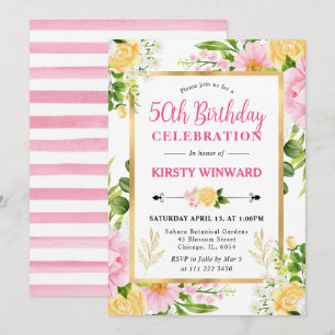 Invitación Flores de Acuarela Rosadas y Amarillas Cumpleaños 
