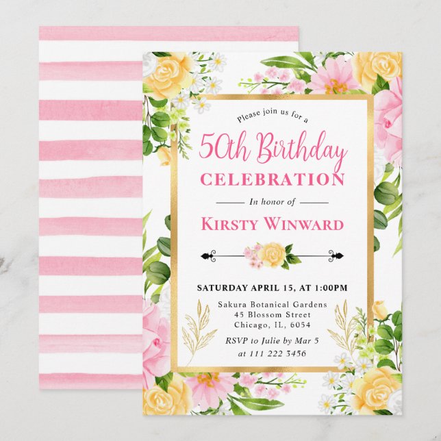 Invitación Flores de Acuarela Rosadas y Amarillas Cumpleaños  (Anverso / Reverso)
