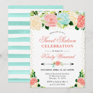 Invitación Flores de acuarela rosadas y menta Cumple dulces 1