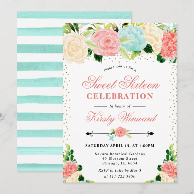 Invitación Flores de acuarela rosadas y menta Cumple dulces 1 (Anverso / Reverso)