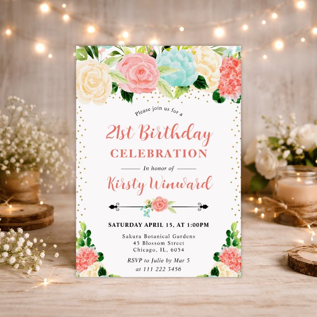 Invitación Flores de acuarela rosadas y menta Cumpleaños 21 (Subido por el creador)