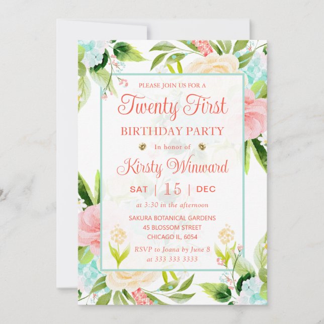 Invitación Flores de acuarela rosadas y menta Cumpleaños 21 (Anverso)