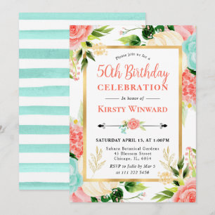 Invitación Flores de acuarela rosadas y menta Cumpleaños 50