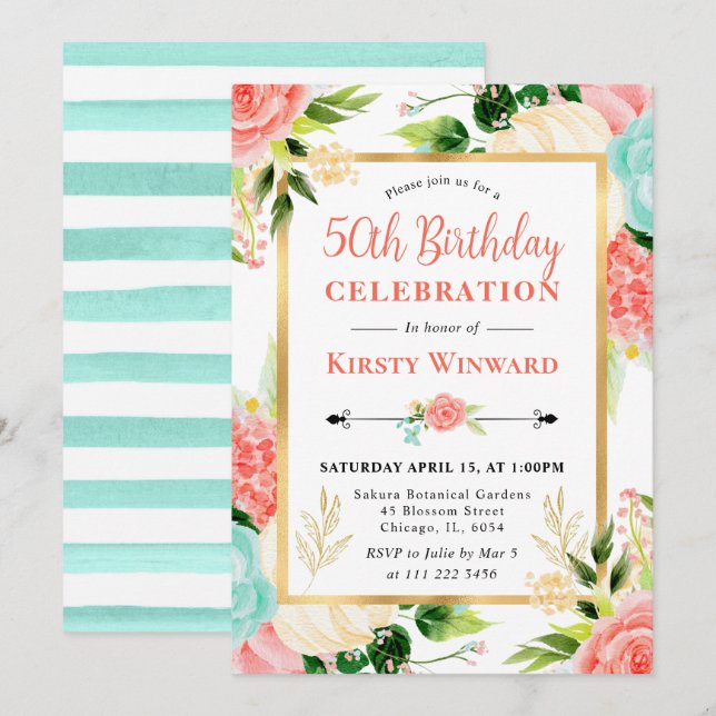 Invitación Flores de acuarela rosadas y menta Cumpleaños 50 (Anverso / Reverso)