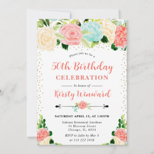 Invitación Flores de Acuarela Rosadas y Menta Cumpleaños 50