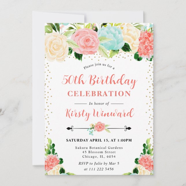 Invitación Flores de Acuarela Rosadas y Menta Cumpleaños 50 (Anverso)