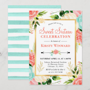 Invitación Flores de acuarela rosadas y menta Sweet Sixteen