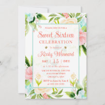Flores de acuarela rosadas y menta Sweet Sixteen