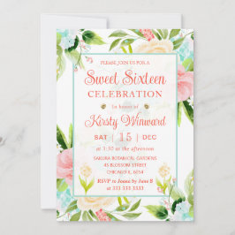 Invitación Flores de acuarela rosadas y menta Sweet Sixteen
