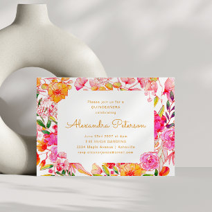 Invitación Flores de acuarela rosadas y naranjas QUINCEAÑERA