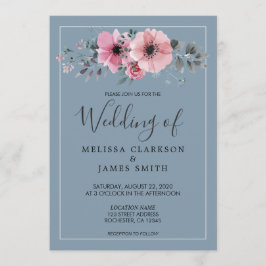 Invitación Flores de acuarela rústica Boda azul polvoriento