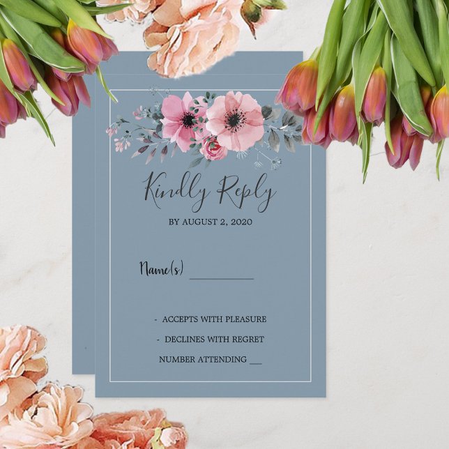 Invitación Flores de acuarela rústica polvorienta azul Boda R (Rustic watercolor flowers dusty blue Wedding RSVP Invitation. You can add your own text.)