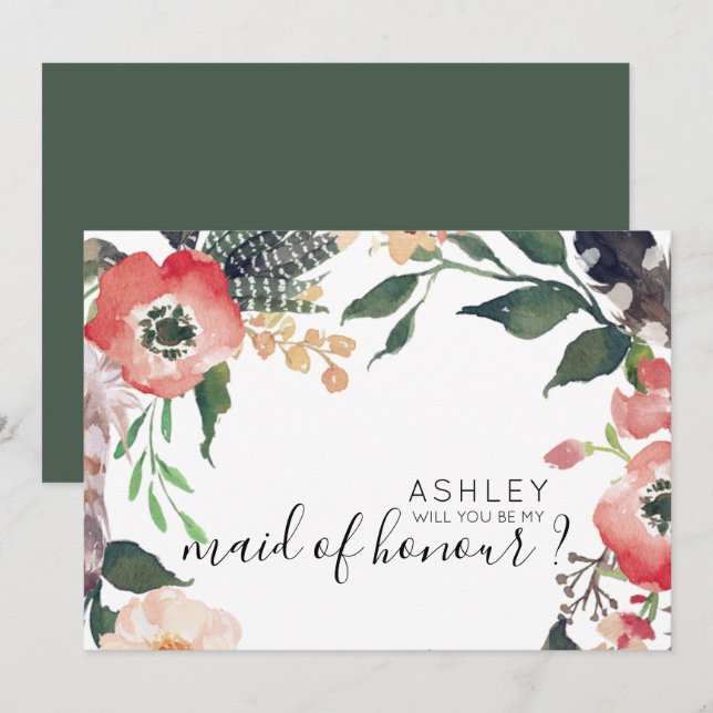 Invitación Flores de acuarela Serás Mi Nombre De Novia (Anverso / Reverso)