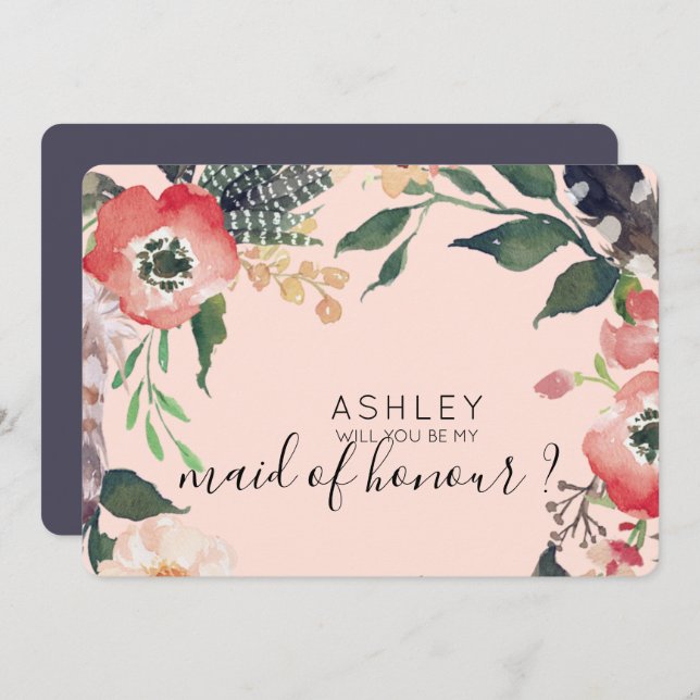 Invitación Flores de acuarela Serás Mi Nombre De Novia (Anverso / Reverso)