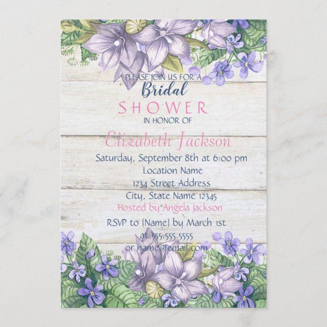 Invitación Flores de Acuarela, Textura de Madera  Desayuno de (Anverso)