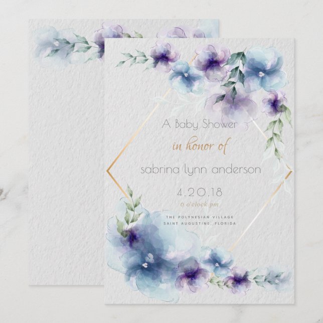 Invitación Flores de acuarela translúcidas azul-azul-bebe (Anverso / Reverso)