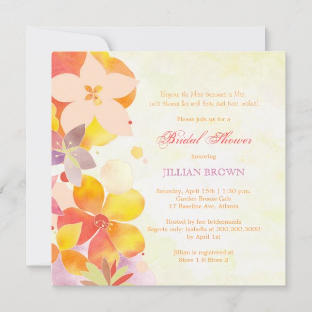 Invitación Flores de acuarela tropical Ducha de novia (Anverso)