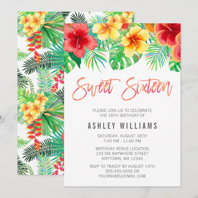 Invitación Flores de acuarela tropical dulce 16 (Anverso / Reverso)