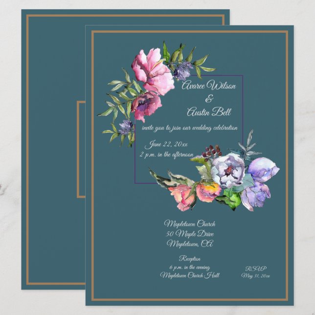 Invitación Flores de Acuarela Turquesa y Rosa (Anverso / Reverso)