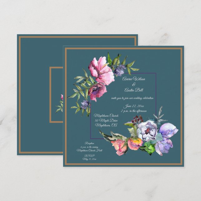 Invitación Flores de Acuarela Verde Azul y Rosa (Anverso / Reverso)