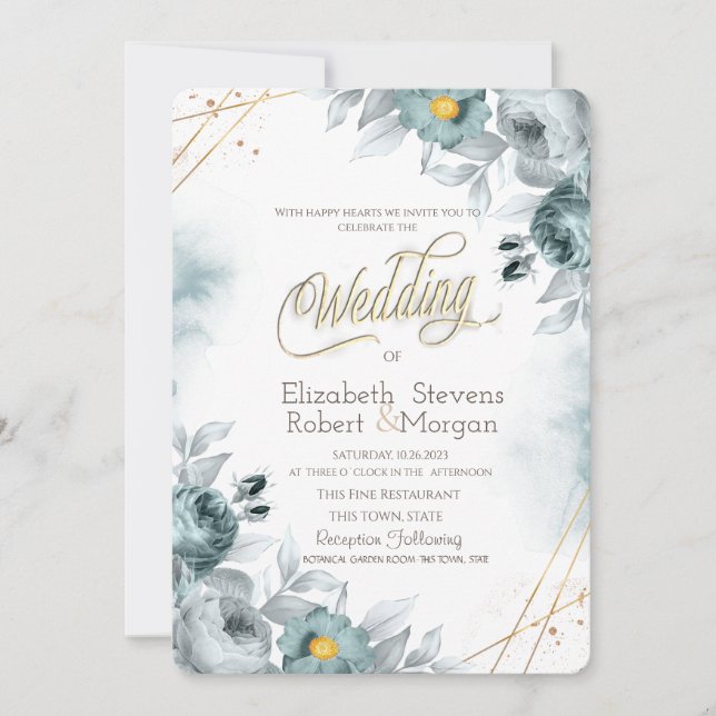 Invitación Flores de acuarela verde menta (Anverso)