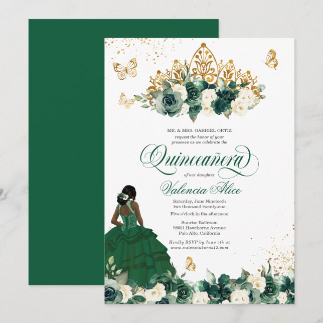 Invitación Flores de acuarela verde + Quinceanera de mariposa (Anverso / Reverso)