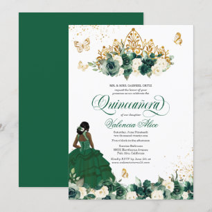 Invitación Flores de acuarela verde + Quinceanera de mariposa