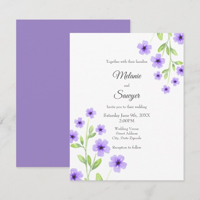 Invitación Flores de acuarela violeta pequeña (Anverso / Reverso)