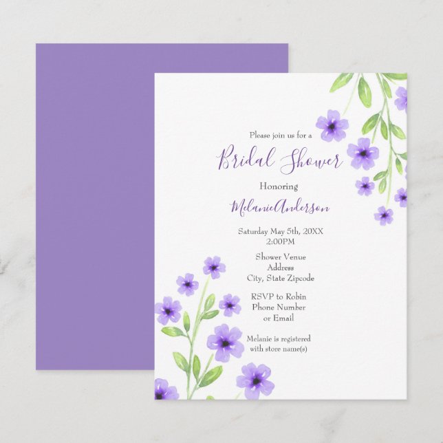 Invitación Flores de acuarela violeta pequeña (Anverso / Reverso)