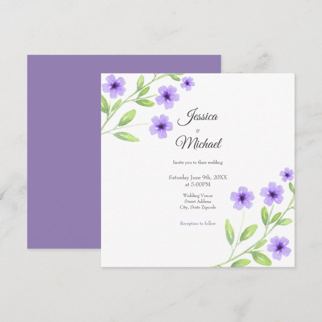 Invitación Flores de acuarela violeta pequeña (Anverso / Reverso)