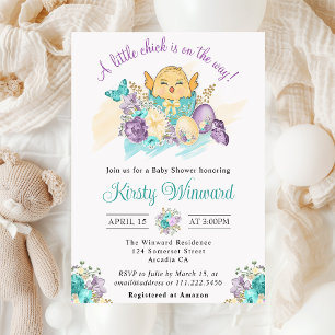 Invitación Flores de Acuarela y Agradable Bebé Pollo Fiesta d