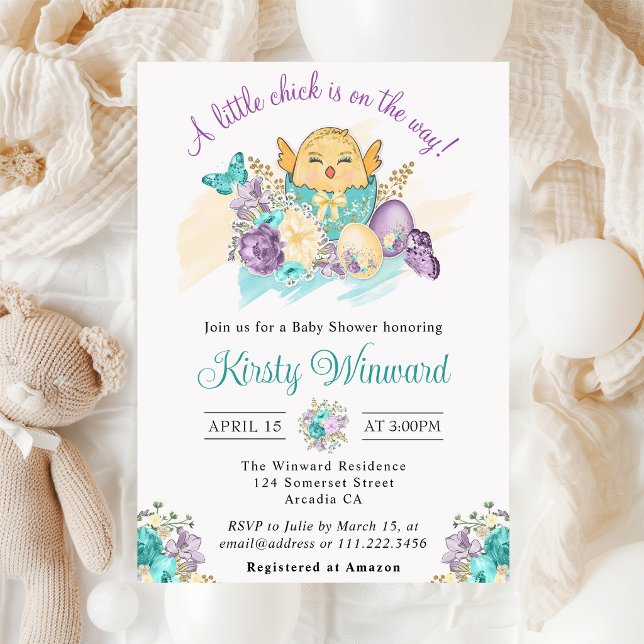 Invitación Flores de Acuarela y Agradable Bebé Pollo Fiesta d (Subido por el creador)