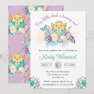 Invitación Flores de Acuarela y Pollito Adorable Cumpleaños n