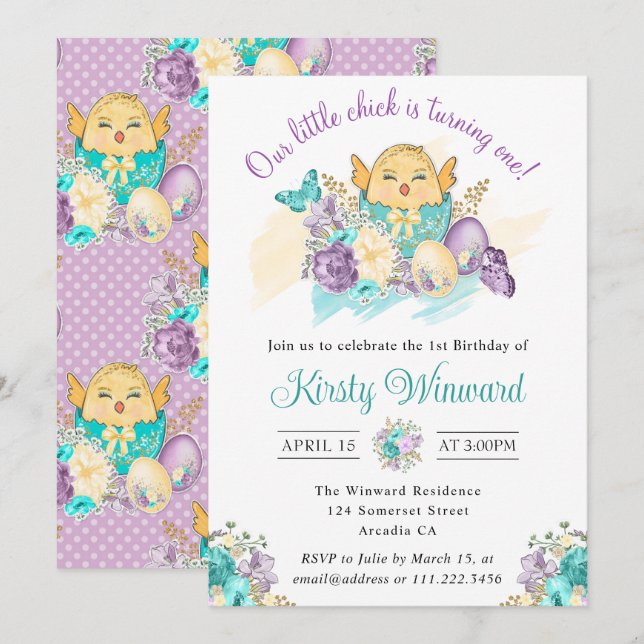 Invitación Flores de Acuarela y Pollito Adorable Cumpleaños n (Anverso / Reverso)