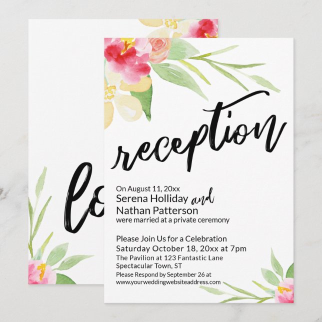 Invitación Flores de Acuarela y Recepción de Letra Informal (Anverso / Reverso)