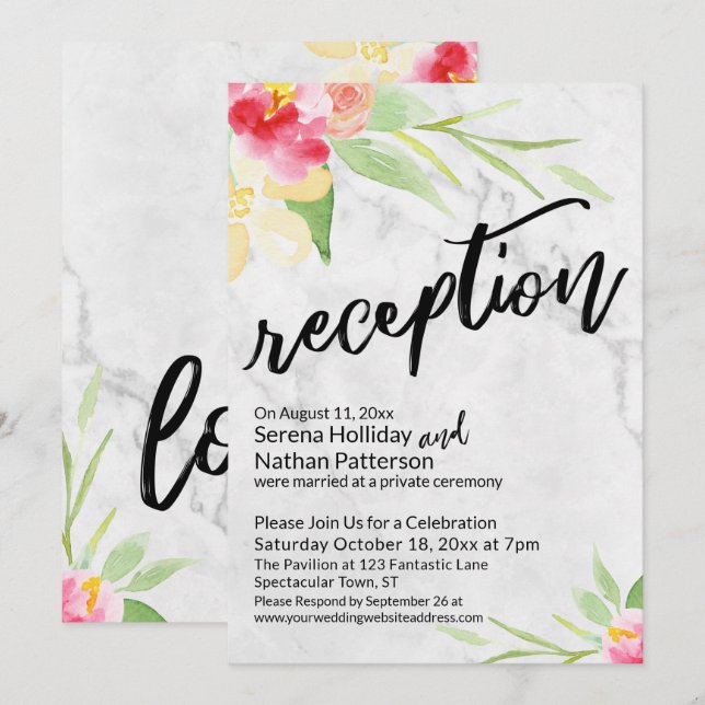 Invitación Flores de Acuarela y Recepción de Mármol Gris (Anverso / Reverso)