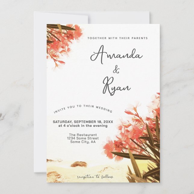 Invitación Flores de Adelfa Naranja en la Boda de la Playa (Anverso)
