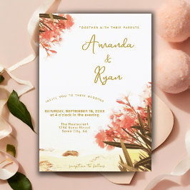 Invitación Flores de Adelfa Naranja en la Boda de la Playa