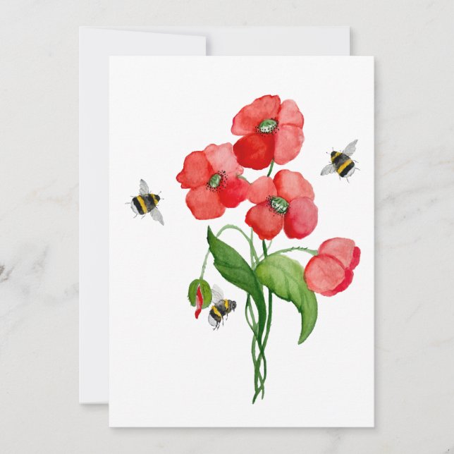 Invitación Flores de adormidera escarlata acuarela y bonitos  (Anverso)