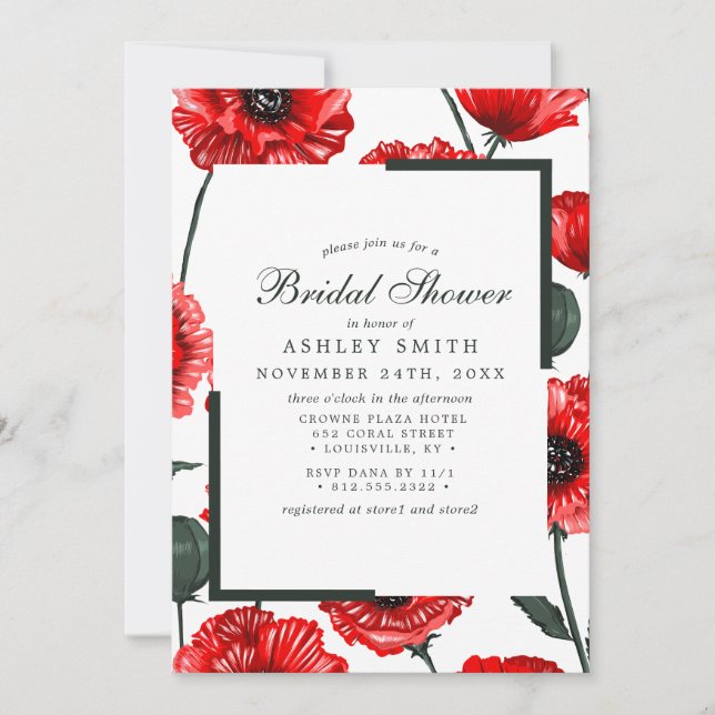 Invitación Flores De Adormidera Rojas Floral Ducha Bridal (Anverso)